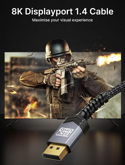Displayport Cable 1.4 10Ft, 8K DP Cable | 8K@60Hz, 4K@144Hz, 2K@240Hz 2K@165Hz | HBR3, 32.4Gbps, HDR10, Freesync, G-Sync for Gaming Monitor Graphics Card TV PC Laptop -Grey